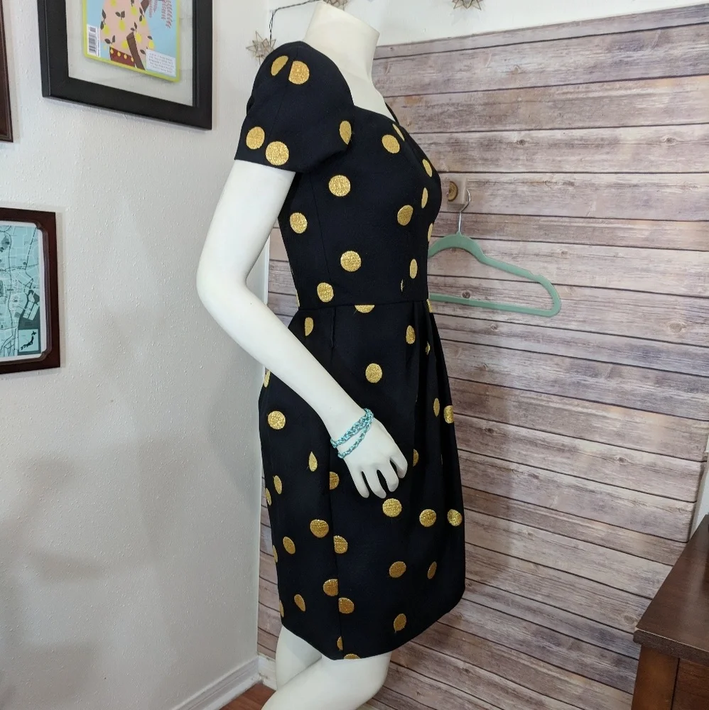 Bill Blass Embroidered Gold Polka Dot Black Dress - Picture 2 of 8